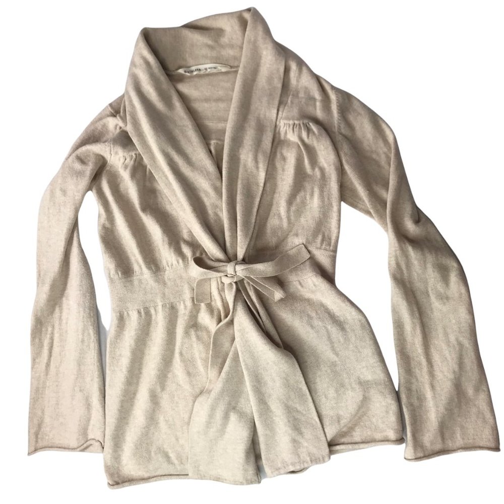 ATHLETA Cardigan Sweater Open Shawl Collar Oatmeal Tan XS Belted Tie Cashmere
